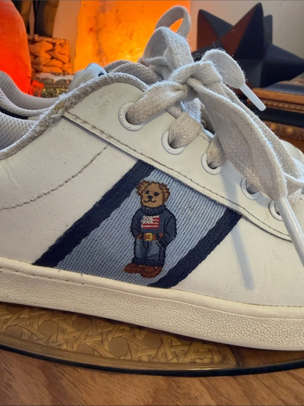 Polo by Ralph Lauren Kids White Sneakers with Navy Stripe and Bear